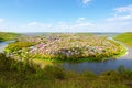 Picturesque panoramic view of Zalishchyky town and canyon with Dnister River. Spring sunny landscape. Ternopil region, Ukraine. Royalty Free Stock Photo