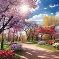 Picturesque park blooming with vibrant colors during springtime