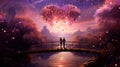 A picturesque photo of the couple stargazing on a bridge, surrounded by blooming heart-toned cosmic flowers