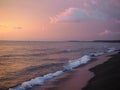 Picturesque Pink sunset on lake beach sea sand beautiful colors in the sky clouds Royalty Free Stock Photo