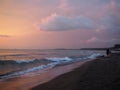 Picturesque Pink sunset on lake beach sea sand beautiful colors in the sky clouds Royalty Free Stock Photo