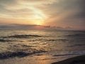 Picturesque Pink sunset on lake beach sea sand beautiful colors in the sky clouds Royalty Free Stock Photo