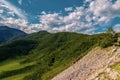 A picturesque place in the Altai Mountains with green trees and grass in the wild under a blue sky with clouds on a warm summer Royalty Free Stock Photo