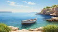 Sunny Day In Menorca: Old Fisherman\'s Boat Sailing On A Plateau