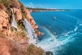 picturesque and powerful Duden waterfall, a water stream breaks from a high cliff - this is a very popular place for tourists Royalty Free Stock Photo