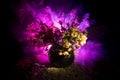 Picturesque purple spring flowers in glass vase standing in a row on a dark background with stars with light and fog. Flower conce