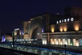 The picturesque railway station in city Dnipro at night, Ukraine. Royalty Free Stock Photo