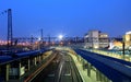 The picturesque railway station in Dnipro city at night, Ukraine. Royalty Free Stock Photo