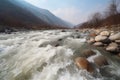 Picturesque river flow from mountain. Generate ai