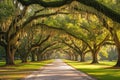 A picturesque road stretching through a forest with lush trees covered in Spanish moss, An awe-inspiring tree alley draped with Royalty Free Stock Photo