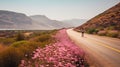 A picturesque road, surrounded by a sea of blooming flowers in every shade imaginable. Royalty Free Stock Photo