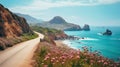 A picturesque road, surrounded by a sea of blooming flowers in every shade imaginable. Royalty Free Stock Photo