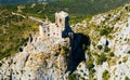 Rocky landscape with ruined Chateau de Queribus, France Royalty Free Stock Photo