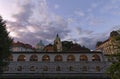 Picturesque roof panorama of the old part of the city. Ancient red tile roofs and famous the Cathedral of St. Nicholas