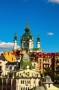 Picturesque roof top view of Kyiv. Saint Andrew`s Church and ancient buildings of Andrew`s Descent Andriyivsky uzviz Royalty Free Stock Photo