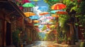 A picturesque row of colorful umbrellas lining the streets of a charming village, creating a vibrant and romantic scene