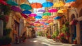 It\'s a vibrant and romantic scene of colorful umbrellas lining the streets of a charming village
