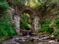 Old stone arched destroyed bridge over small river in a mountain forest