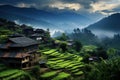 Picturesque Rural scene village mountains water home. Generate Ai