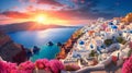 Picturesque Santorini island, Greece. Blue-domed churches and white-washed houses by sunrise. Mediterranean landscape