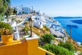 Picturesque panoramic view of Fira at Caldera cliff edge Santorini Greece Royalty Free Stock Photo