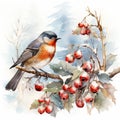 Birds perched on snowy branches, surrounded by the enchanting ambiance of Christmas. Generative AI