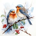 Birds perched on snowy branches, surrounded by the enchanting ambiance of Christmas. Generative AI