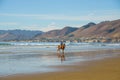 A picturesque scene of a California mounted patrol unit patrolling the sandy shores of a sunlit beach with the Pacific Ocean in