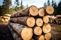 A picturesque scene capturing a pile of logs sitting peacefully on the forest floor, Log trunks pile, Wooden trunks pine, Logging