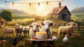 A picturesque scene of a countryside farm with animals like sheep