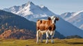 A Picturesque Scene of a Cow at Peace in the High Meadows, Towering Snowy Mountains as the Backdrop. Generative AI