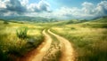 A dirt road winds through a grassy field with mountains in the background Royalty Free Stock Photo