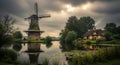 Historic dutch windmill reflects in calm water under dramatic cloudy sky Royalty Free Stock Photo