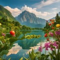 A picturesque scene featuring a variety of plants bearing fruits set by the lake