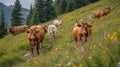 Alpine Serenity: Cows Grazing on Wildflower Meadow. Generative AI