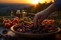 A picturesque scene of hands picking fresh dates at sunset, eid and ramadan images
