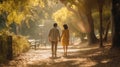 A happy couple holding hands and walking on a sandy beach at sunset created with Generative AI Royalty Free Stock Photo