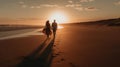 A happy couple holding hands and walking on a sandy beach at sunset created with Generative AI Royalty Free Stock Photo