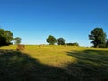 a field that has hay bales in the grass under a blue sky Royalty Free Stock Photo