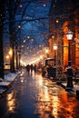 Enchanting Winter Evening on a Snowy City Street with Festive Lights. AI generation