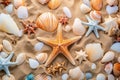 A picturesque scene of a starfish and sea shells scattered on a sandy beach., Sandy beach with a collection of seashells and