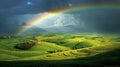 Rainbow and stormy clouds over a green irish landscape Royalty Free Stock Photo