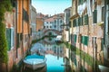 Picturesque Scene from Venice with many boats parked on the narrow water canals