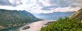 Picturesque sea view of Boka Kotorska, Montenegro, Kotor old town. Shoot from air, from mountain fortification, wide angle, sunset Royalty Free Stock Photo