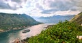 Picturesque sea view of Boka Kotorska, Montenegro, Kotor old town. Shoot from air, from mountain fortification, wide Royalty Free Stock Photo