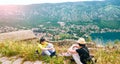 Picturesque sea view of Boka Kotorska, Montenegro, Kotor old town. Shoot from air, from mountain fortification, wide Royalty Free Stock Photo