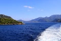 Picturesque sea view in Turkey, near Bodrum and Marmaris, a trace from a boat on the water, waves. Mountains and hills Royalty Free Stock Photo