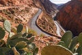 Picturesque Serpentine desert mountain road with cactus plants in Gorges Dades in high Atlas, Morocco Royalty Free Stock Photo