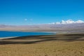 Picturesque shot of an emerald lake in barren Tibetan plains and snowy mountains Royalty Free Stock Photo