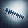 Several blue birds sitting on telegraph wire, in torrential rain